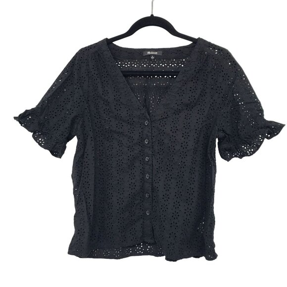 Madewell Black V Neck Button Front Eyelet Short Sleeve Blouse M - Picture 3 of 11
